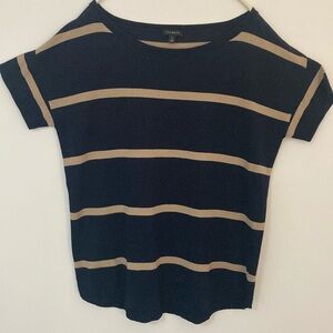 Talbots Raglan short sleeved top in navy blue and camel tan.